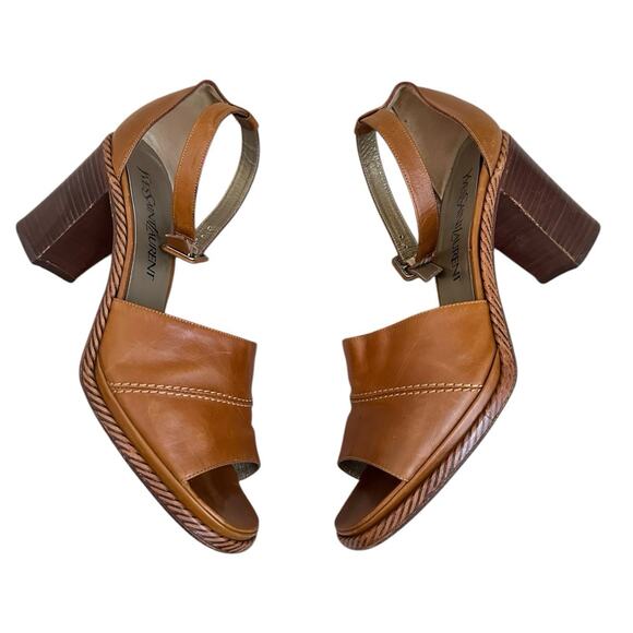 YSL Yves Saint Laurent Women 8.5 Block Heel Sandals Brown Leather Boho Luxury - Picture 1 of 13